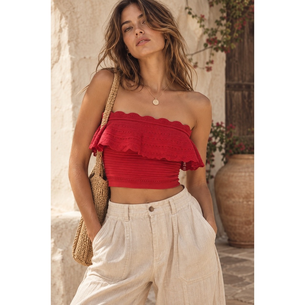 Anthropologie Ruffle Strapless Pointelle Crop Top Raspberry Red XS New